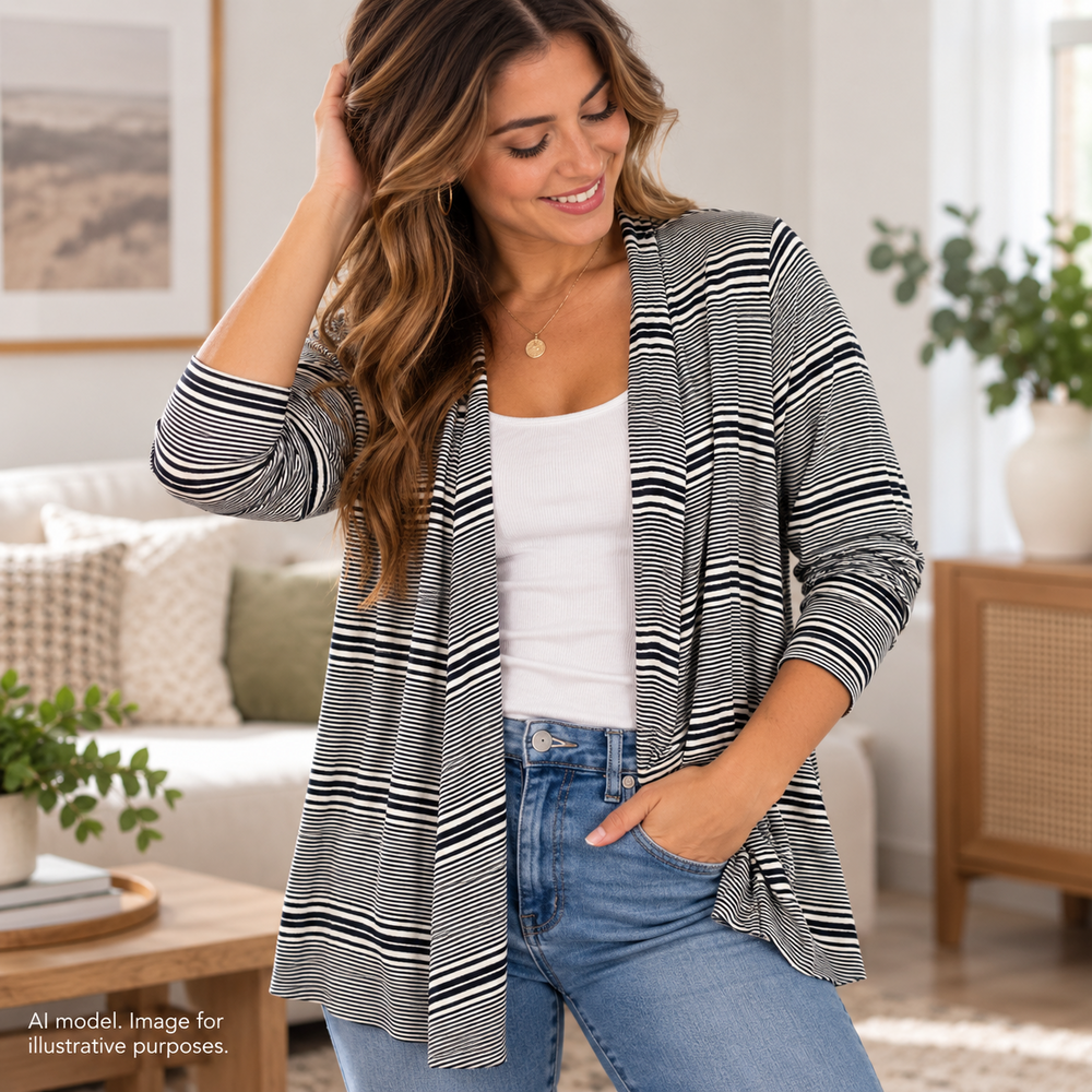 J Jill Wearever Collection Sweater Womens Large Black White Breton Stripe Open